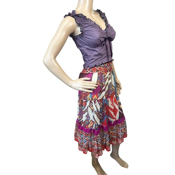 Cache BOHO Tiered Gypsy Festival Colorful Beaded Smock Waist Midi Skirt SZ Large - Picture 4 of 14